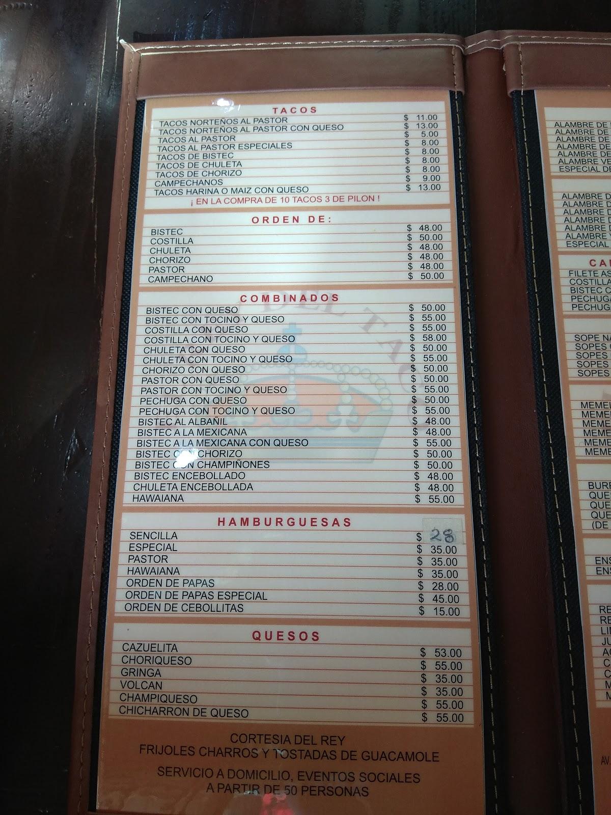 Carta del restaurante El Rey del Taco, Morelia, Av Siervo del La Nacion 89
