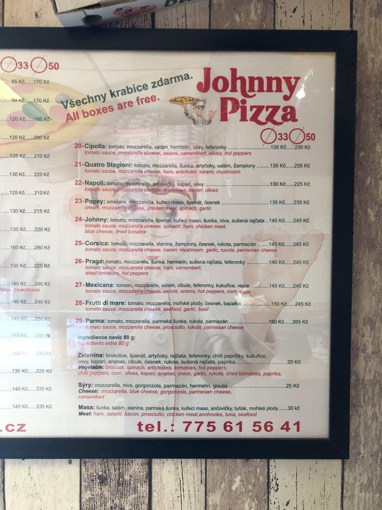 Menu at Johnny Pizza pizzeria, Prague