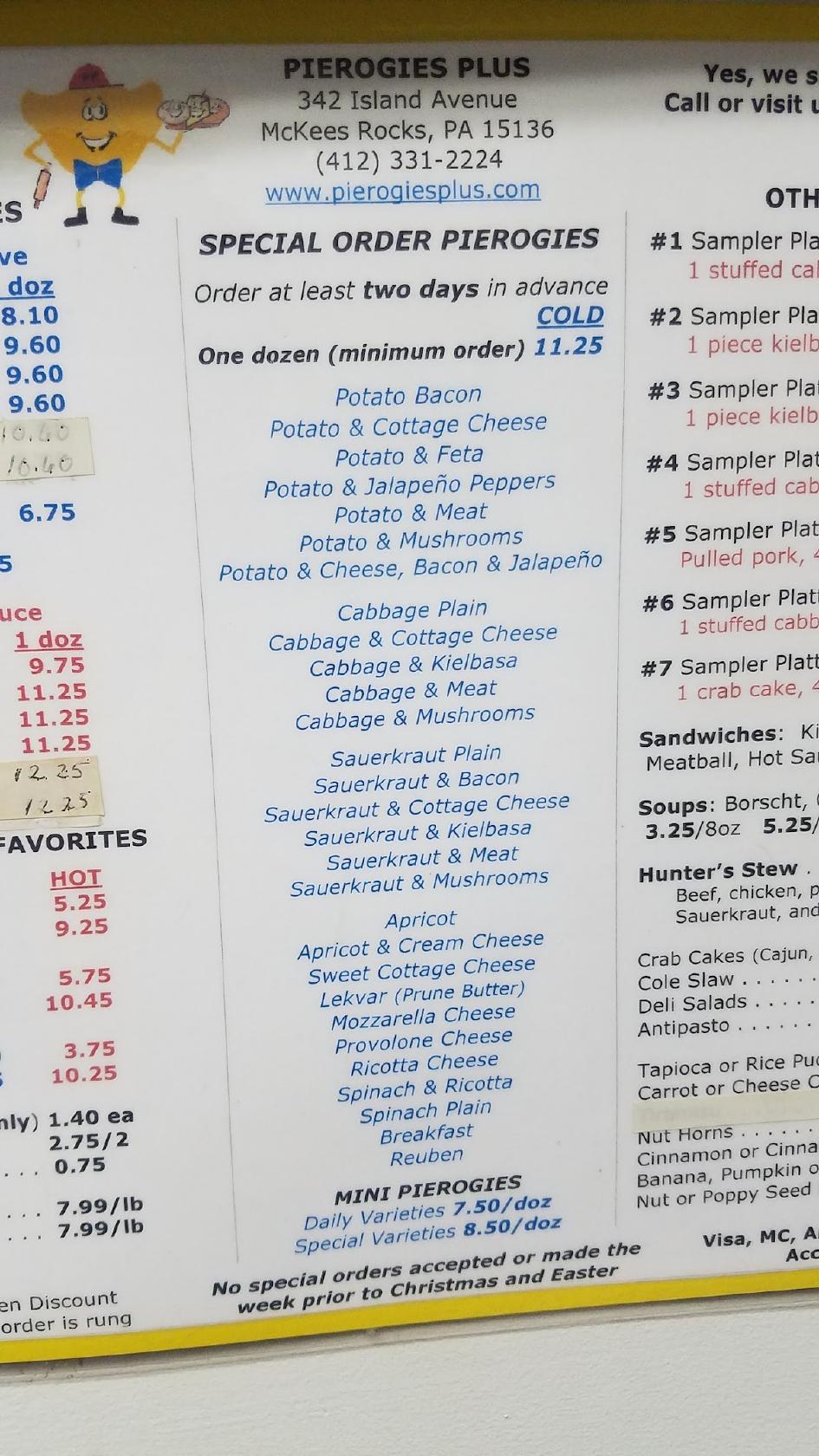 Menu at Pierogies Plus restaurant, McKees Rocks