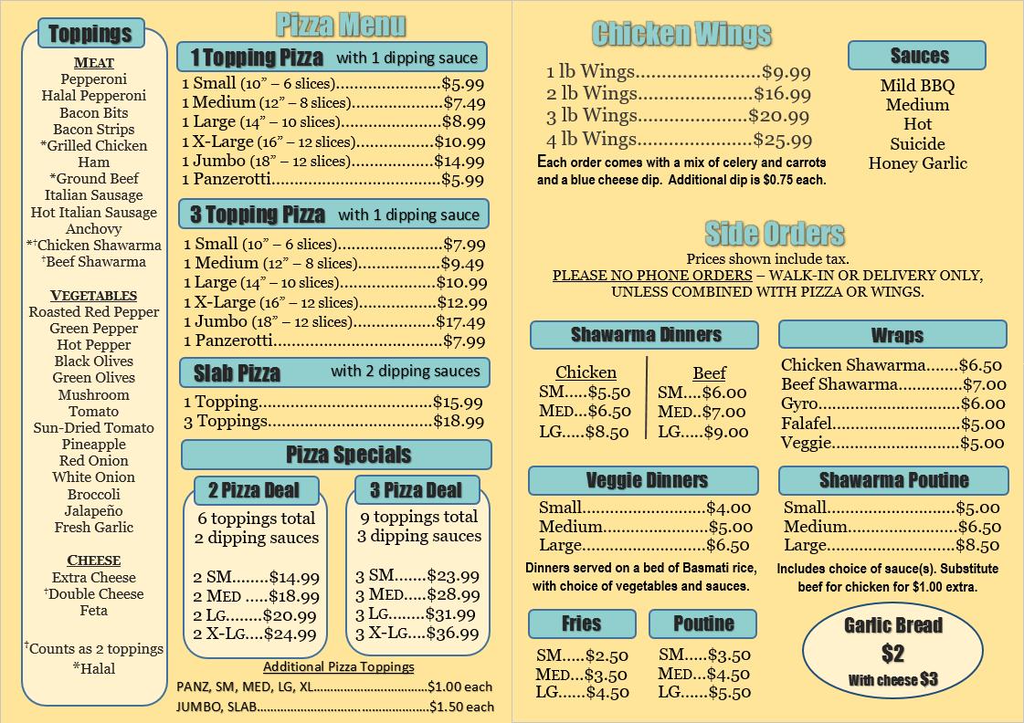 Menu at Venice Beach Pizza, Wings & Shawarma pizzeria, Hamilton
