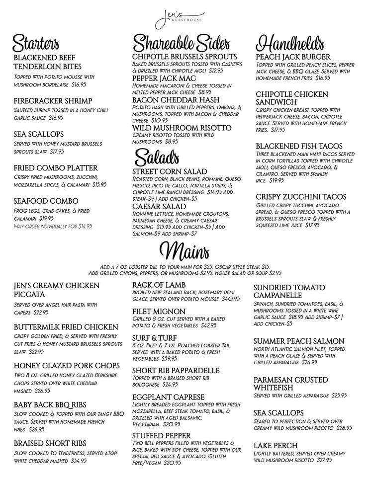 Menu at Jen's Guesthouse steakhouse, Willow Springs