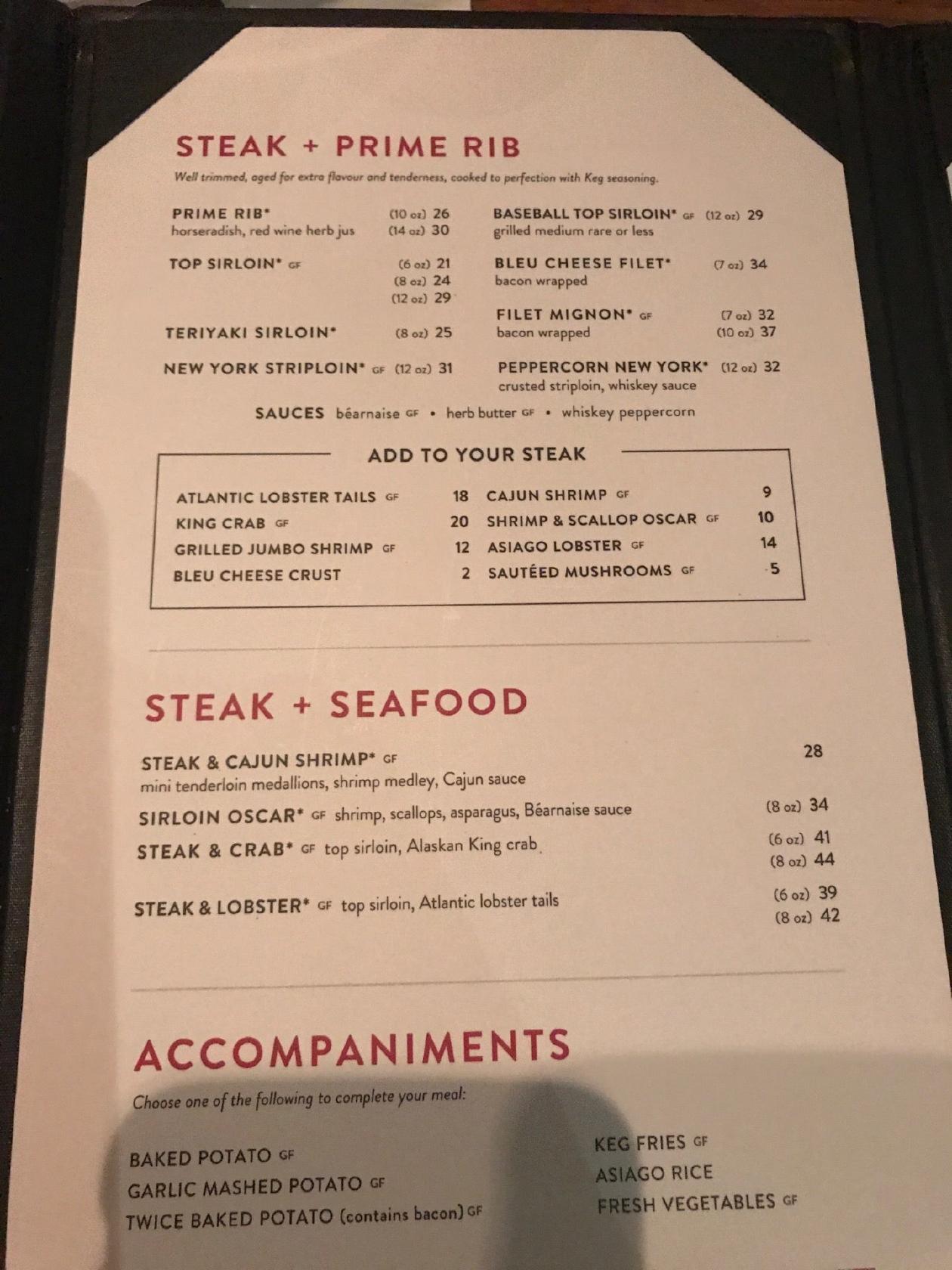 Carta de The Keg Steakhouse + Bar - Tempe, Tempe, 23 S McClintock Dr