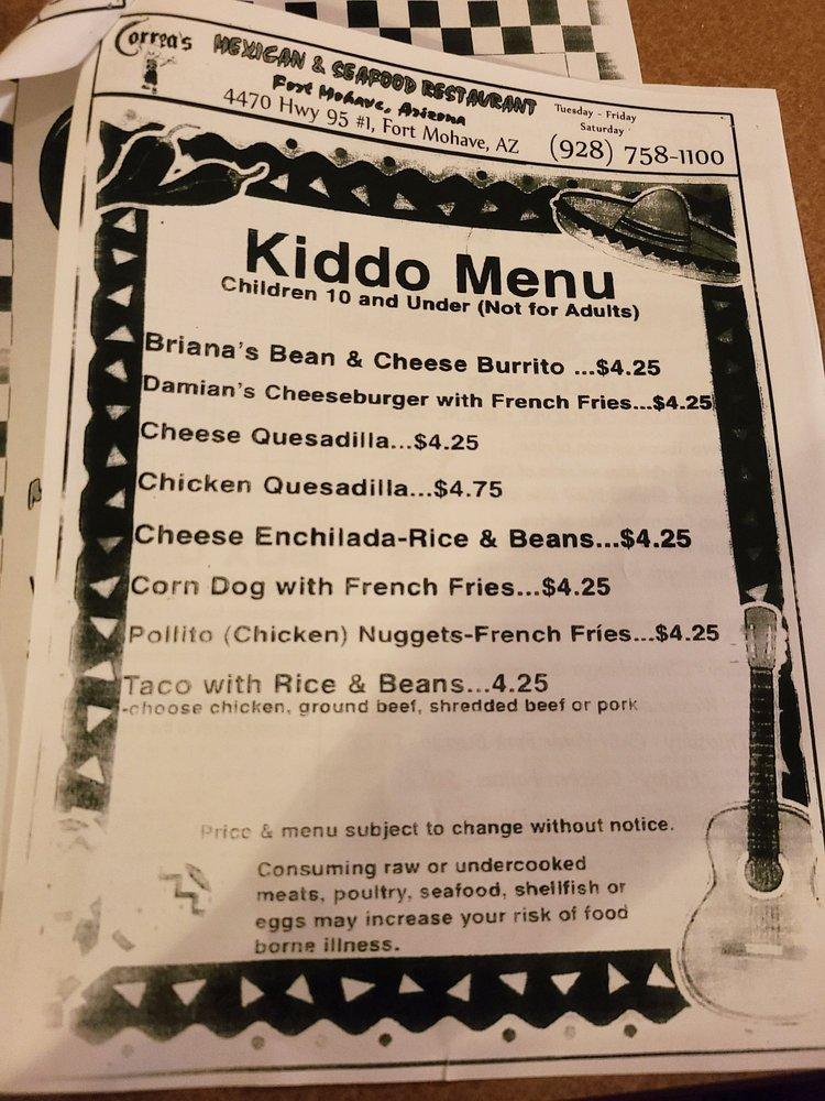 Menu at Correa's Mexican & Seafood Restaurant, Fort Mohave