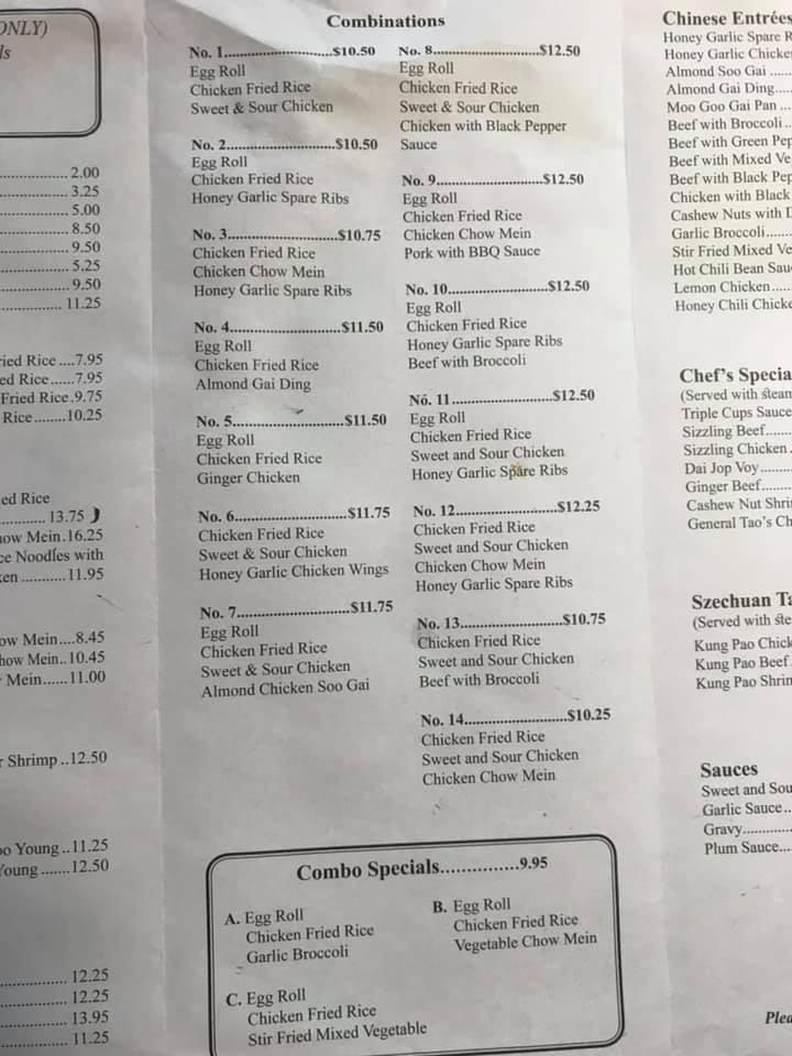 Menu at Joe Chow's restaurant, New Glasgow