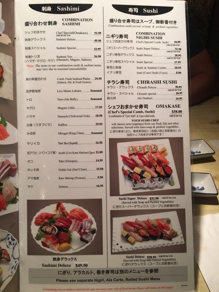 Menu at Yanagi Sushi restaurant, Honolulu