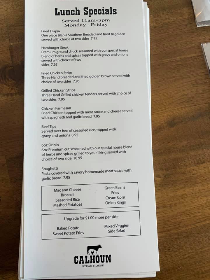 Menu at Calhoun Steakhouse, Jacksonville