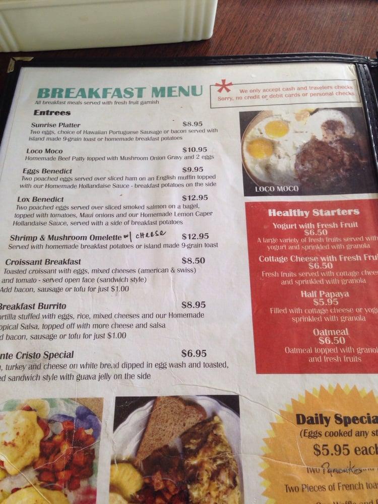 Menu at Sunrise Cafe, Lahaina
