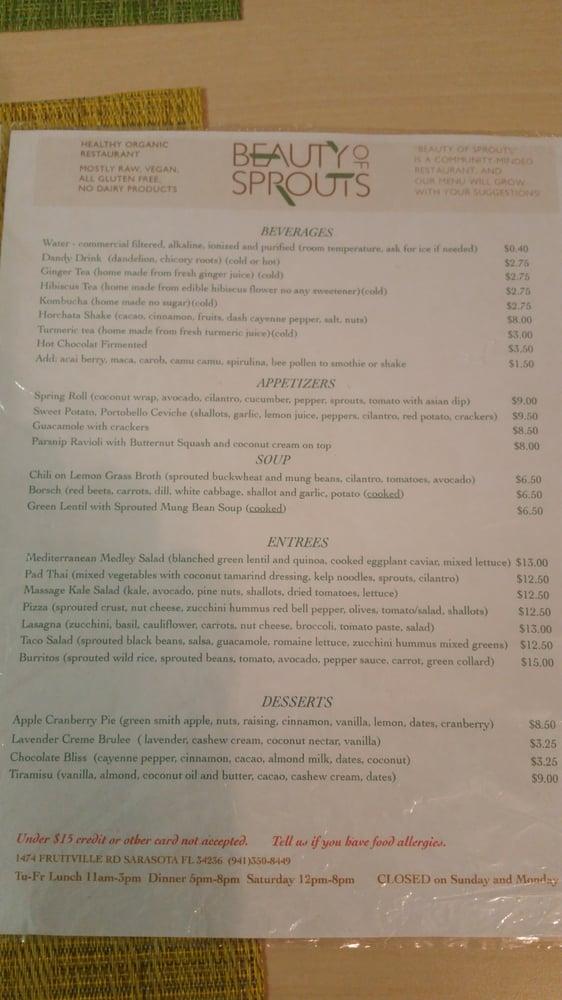 Menu at "Beauty of Sprouts" Vegan Organic Restaurant, Sarasota