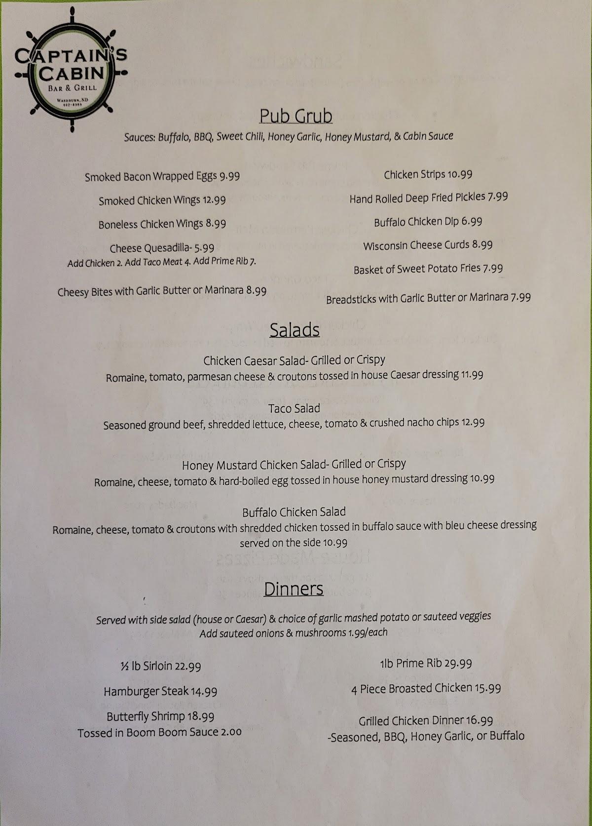 Menu at Captain's Cabin pub & bar, Washburn