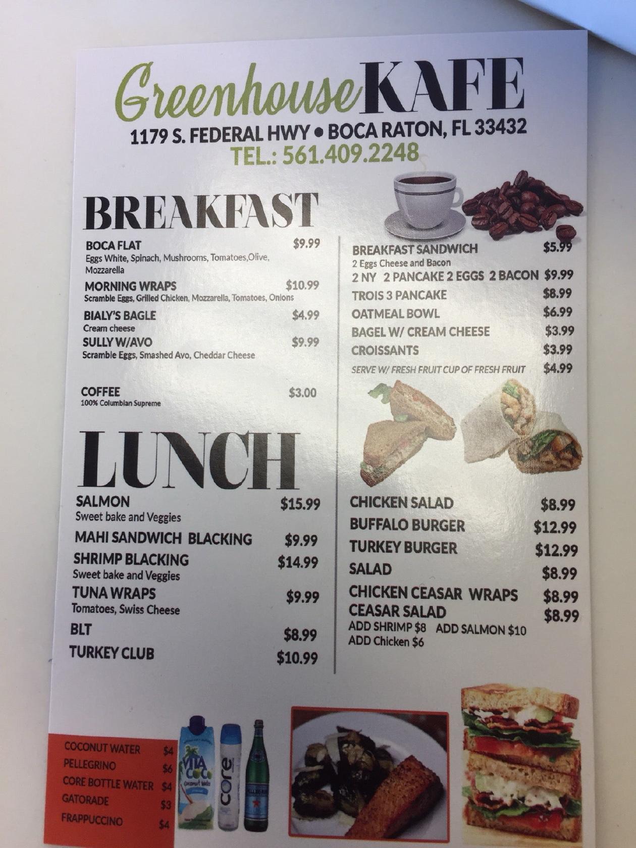 Menu at Greenhouse Cafe, Boca Raton
