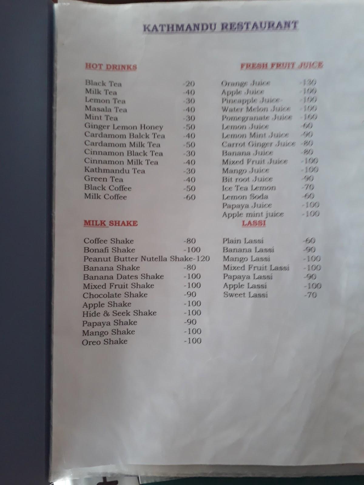 Menu at kathmandu restaurant, India