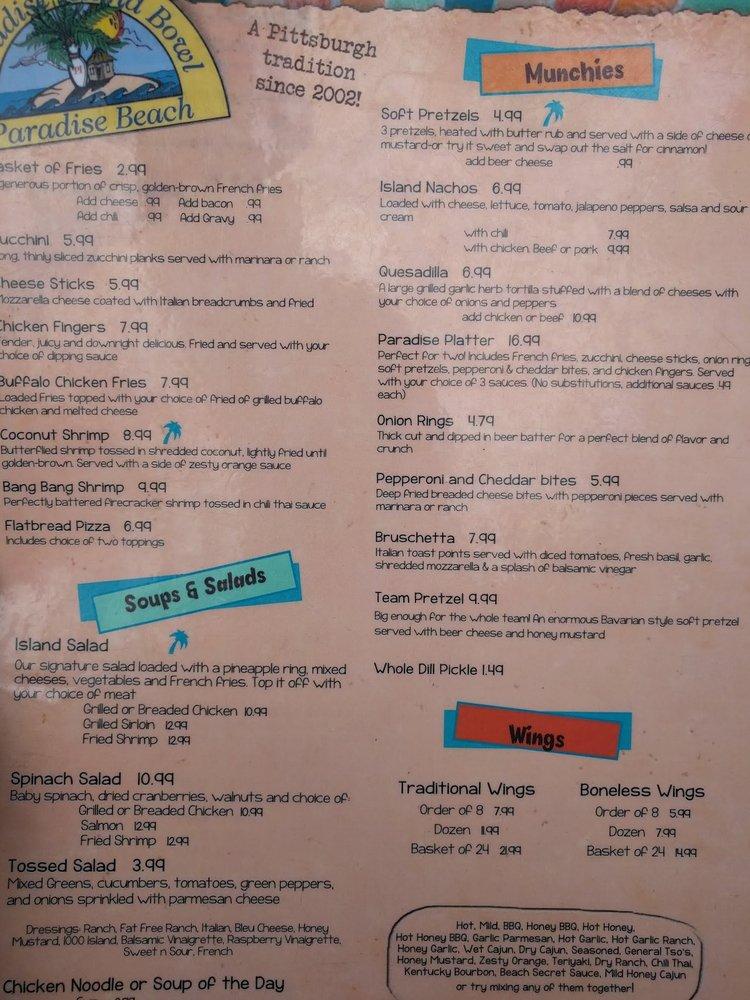 Menu at Paradise Island Bowl pub & bar, Pittsburgh
