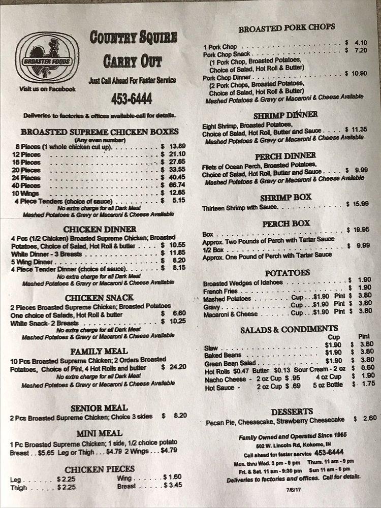 Menu at Country Squire Carry Out restaurant, Kokomo