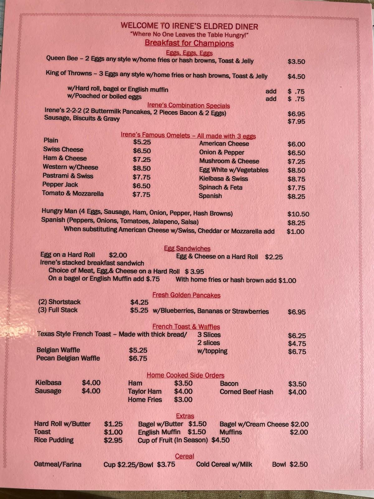 Menu at Irene's Eldred Diner cafe, Eldred
