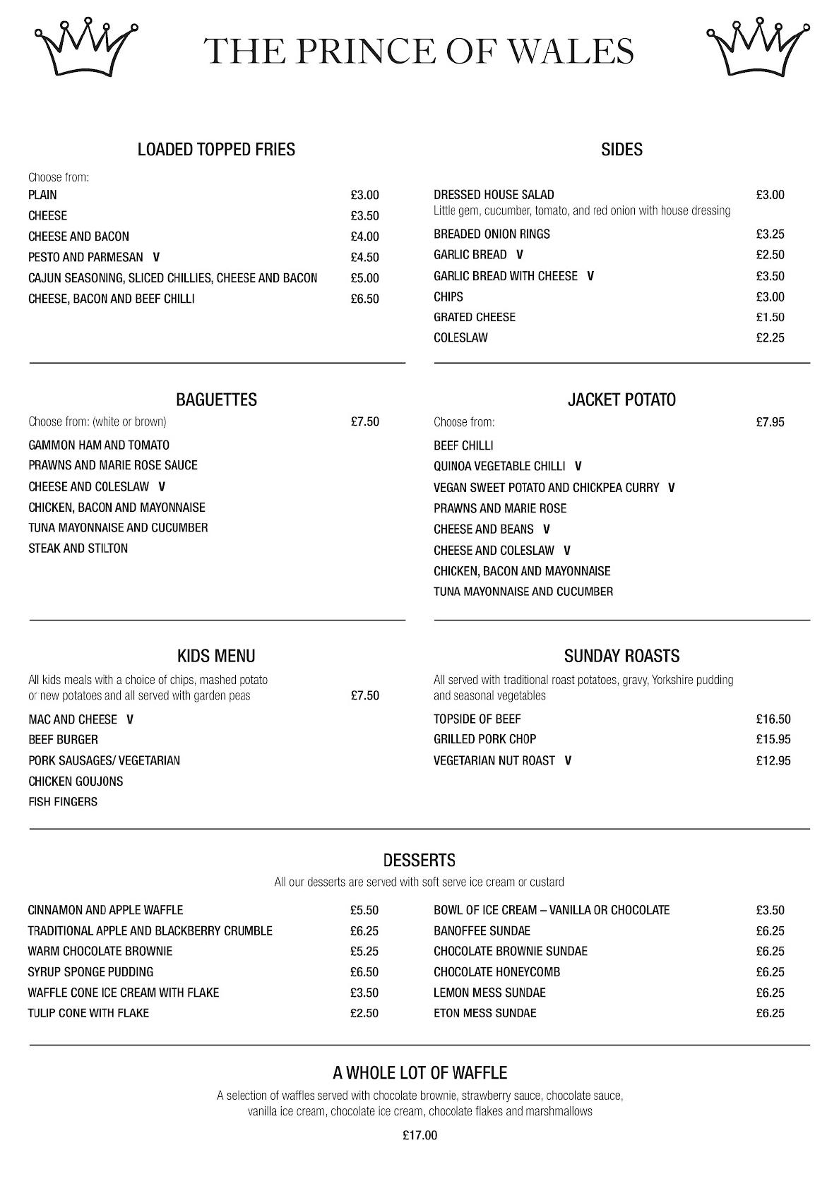 Menu at Prince Of Wales Ampthill restaurant, Ampthill