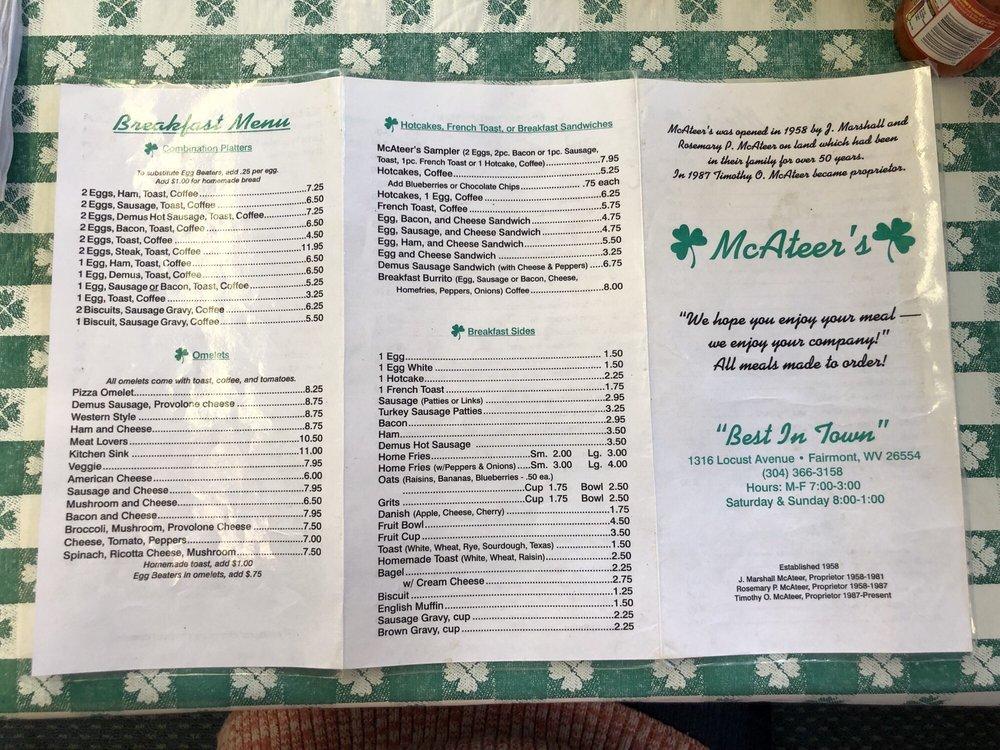 Menu at McAteer's Restaurant, Fairmont