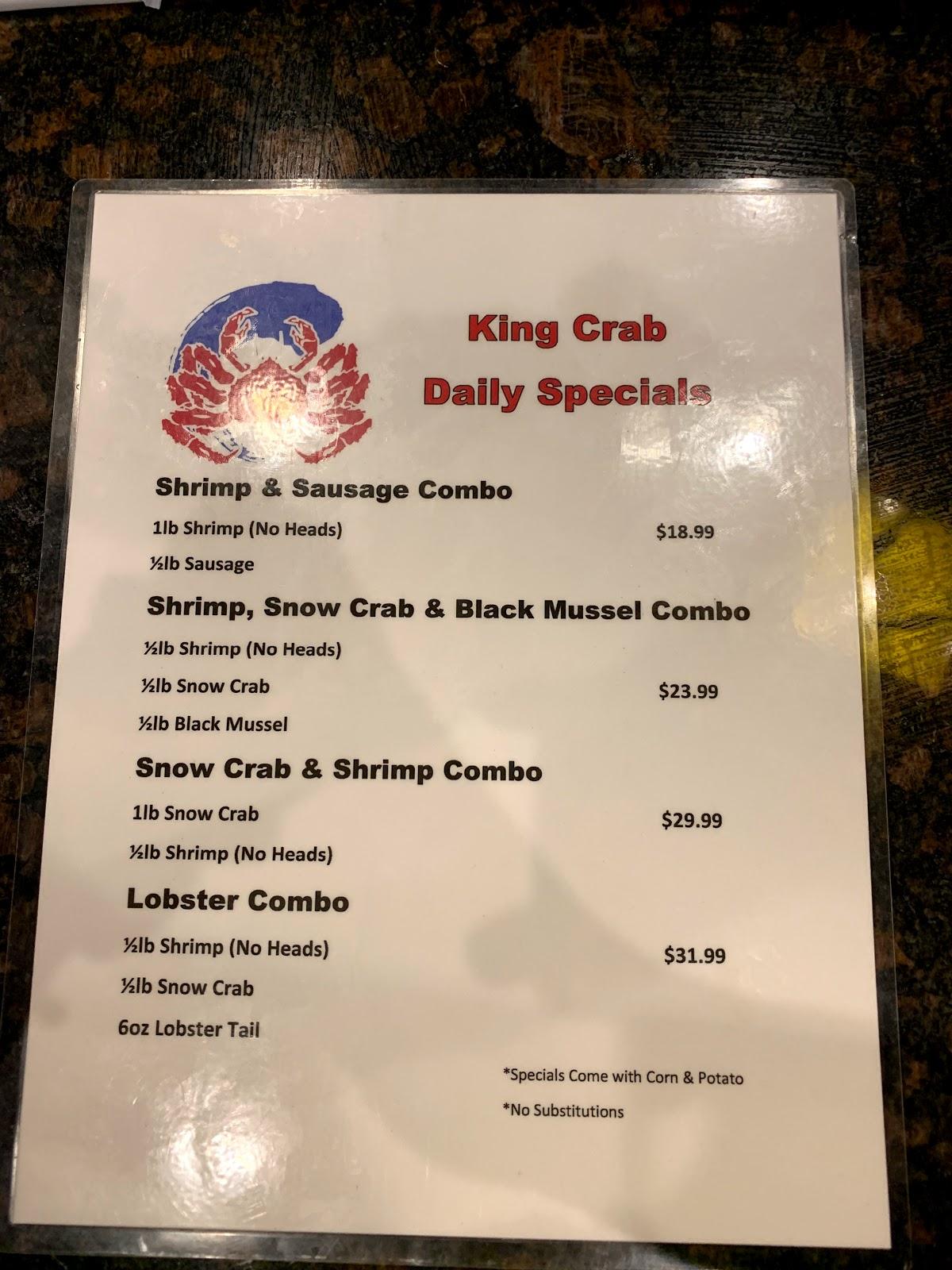 Menu at King Crab restaurant, Charlotte