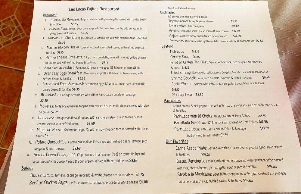 Menu at Las Locas Fajitas restaurant, Houston, Bingle Rd