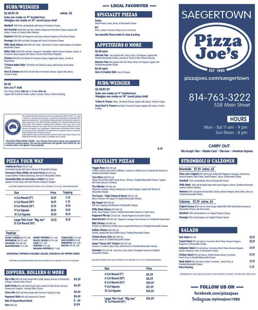 Menu at Pizza Joe's pizzeria, Saegertown