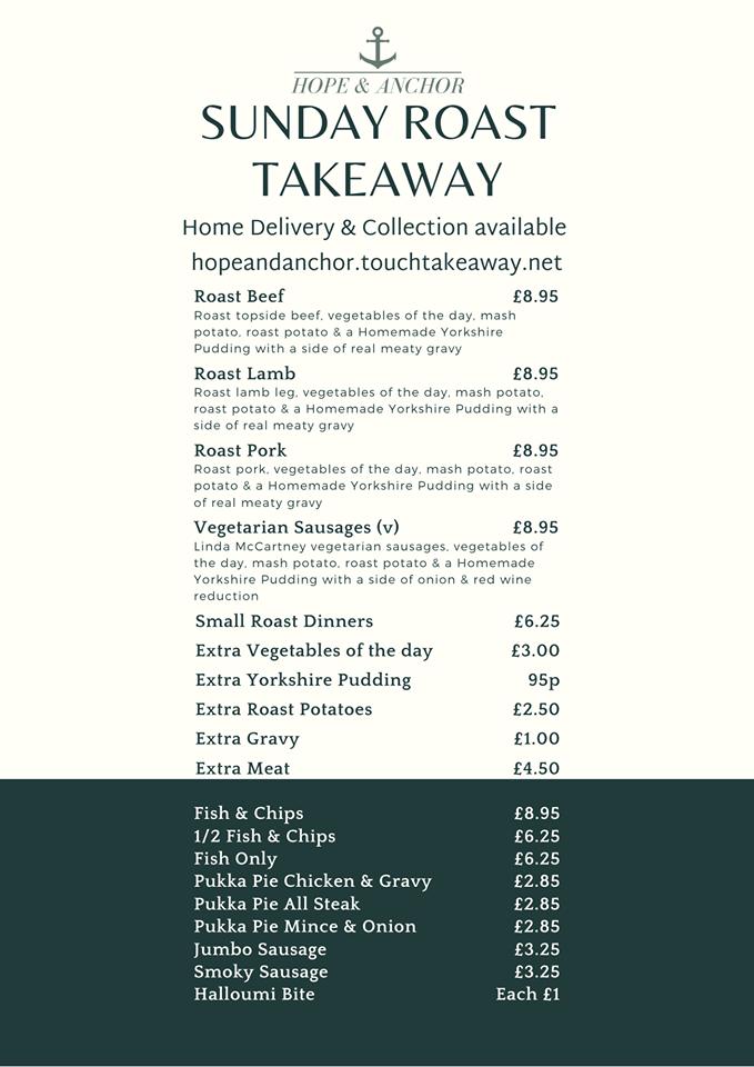 Menu at The Hope & Anchor Hotel pub & bar, Alnmouth