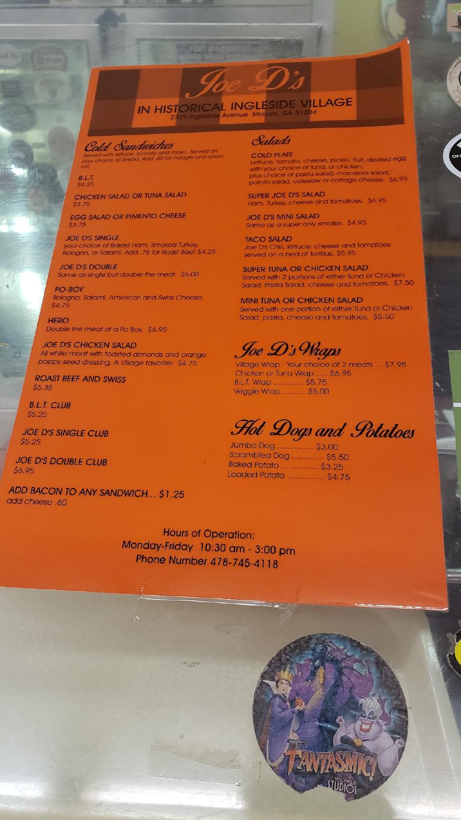 Menu at Joe D's On Ingleside restaurant, Macon