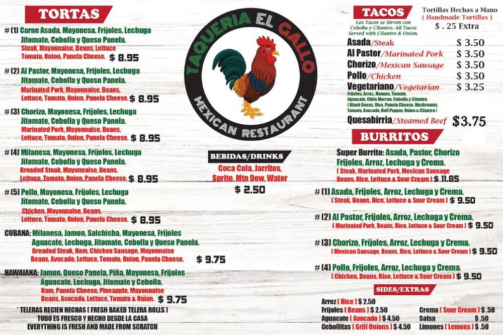 Menu at Tacos El Gallo restaurant, East Peoria