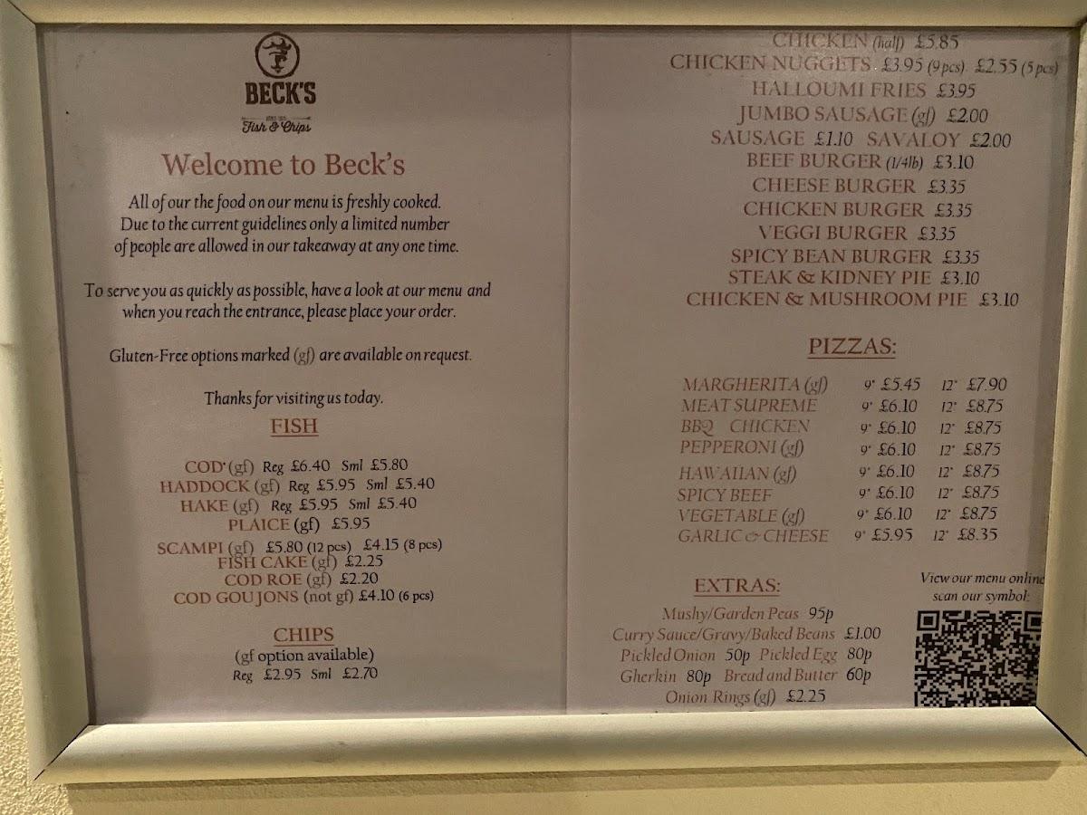 Menu at Becks Fish & Chips fast food, Saint Ives