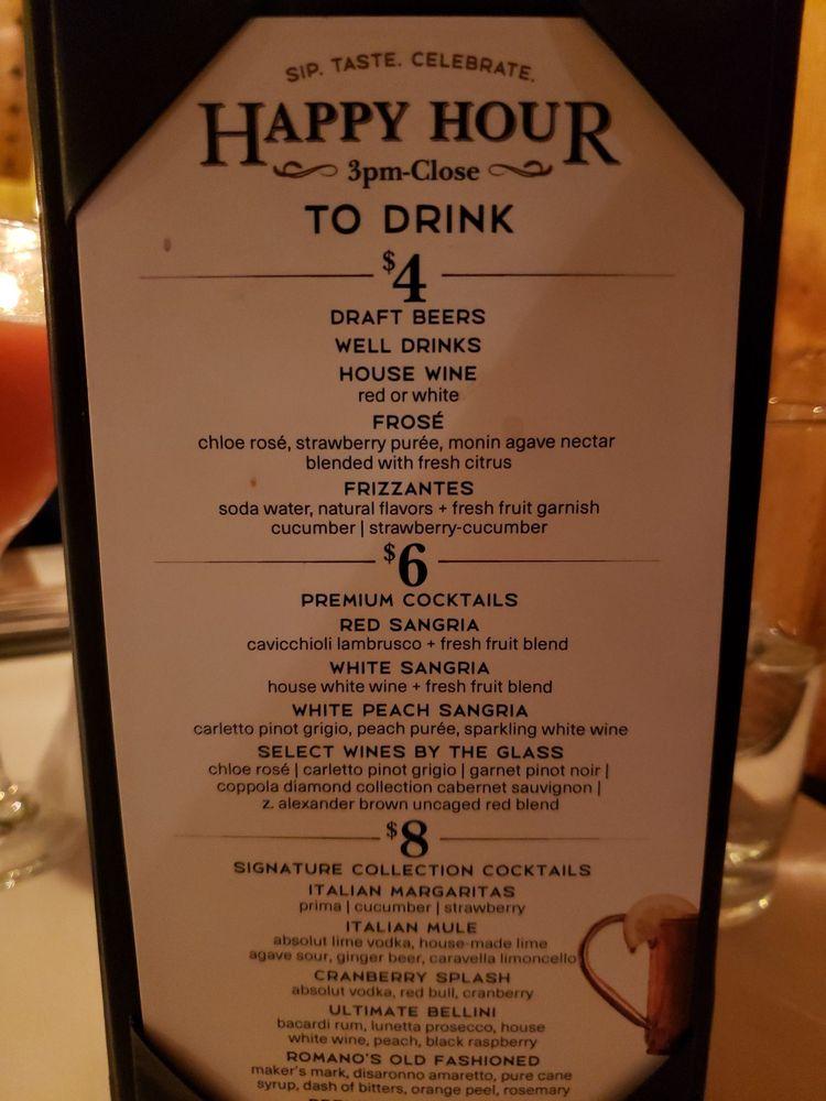 Menu at Romano's Macaroni Grill restaurant, South Portland