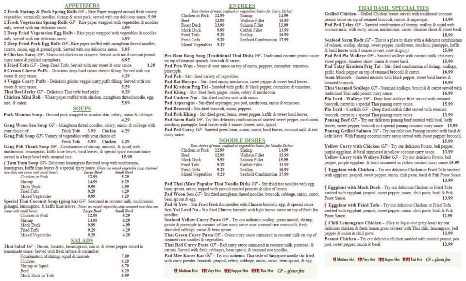 Menu at Thai Basil Restaurant & Bar, Stillwater