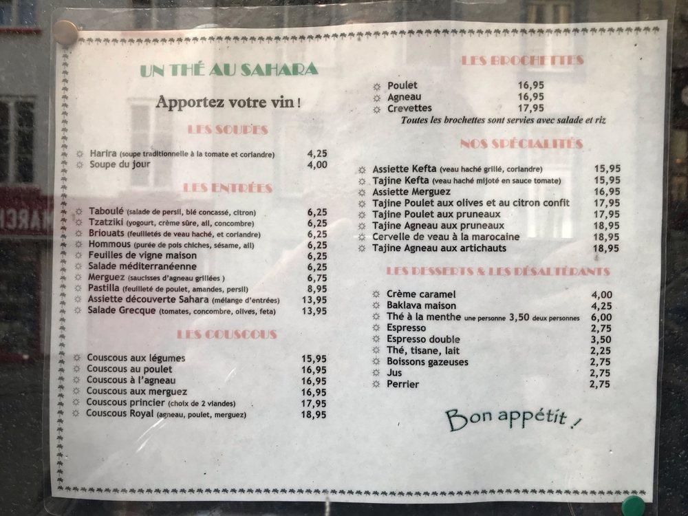 Menu au Un thé au Sahara restaurant, Québec