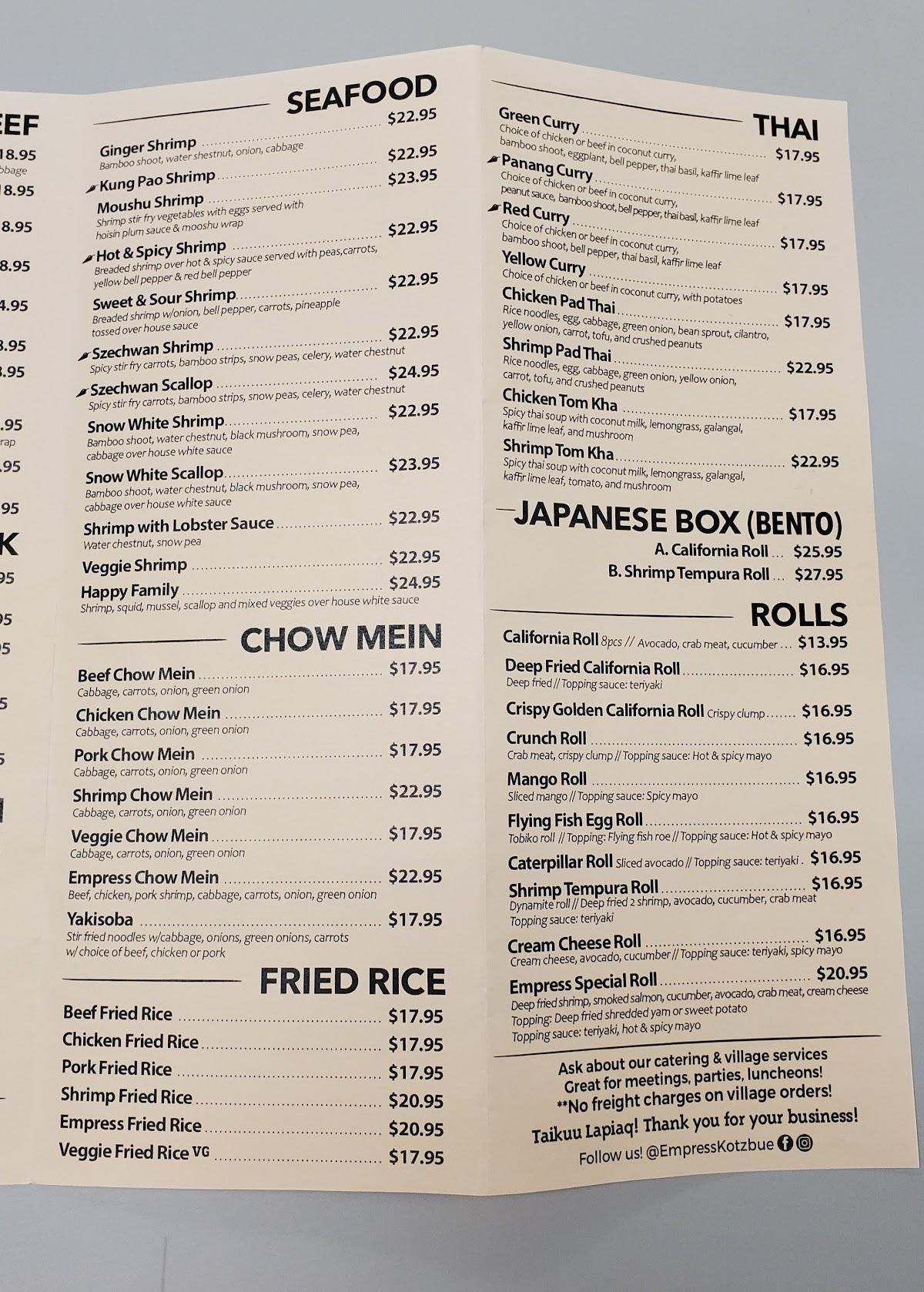 Carta del restaurante Empress, Kotzebue