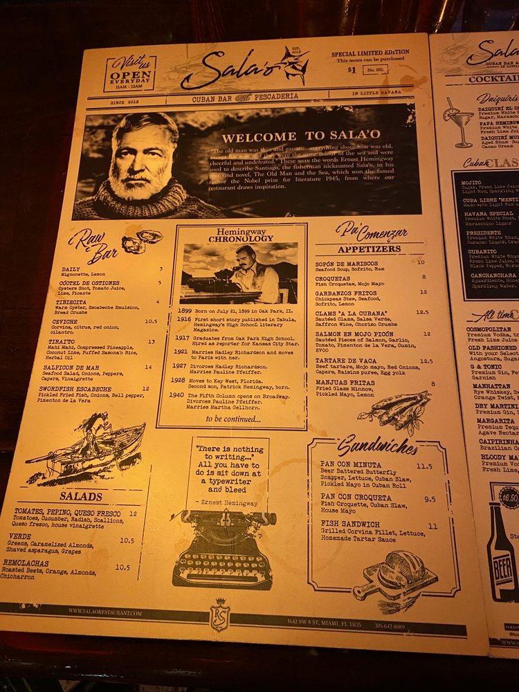 Menu at Sala'o Cuban Restaurant & Bar Live music, Miami