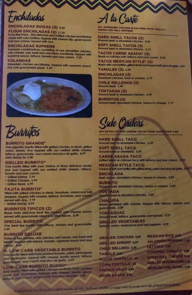 Menu at Tres Hermanos restaurant, Cleveland