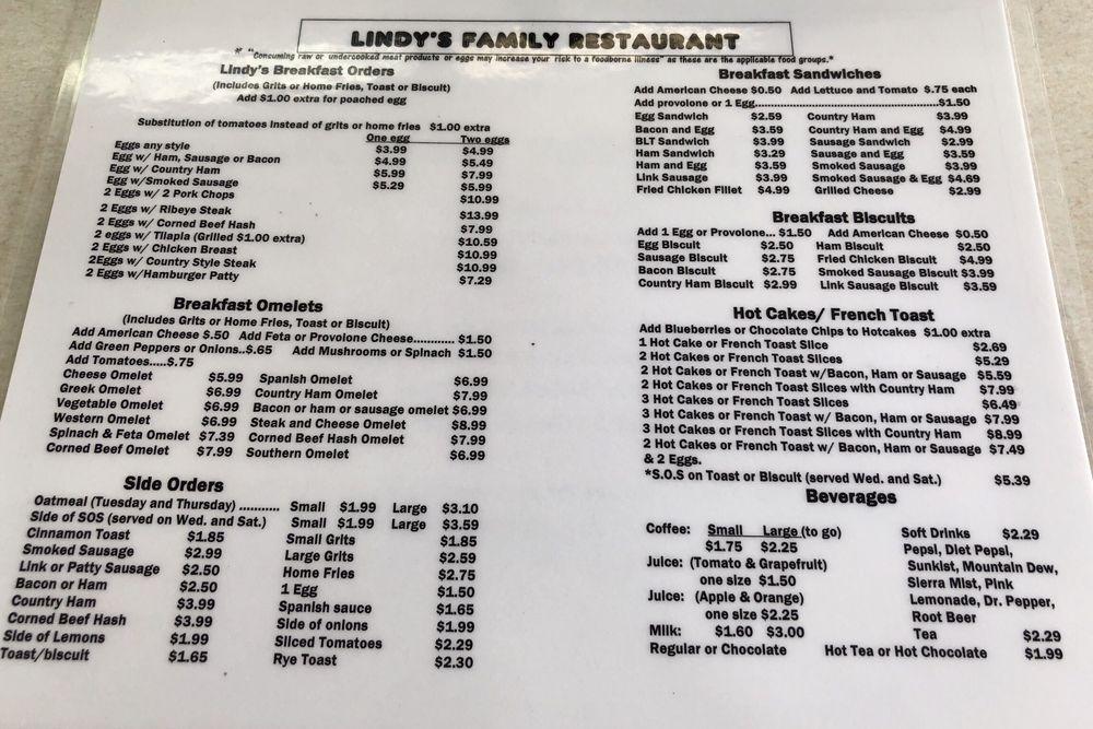 Menu at Lindy's Restaurant, Fayetteville