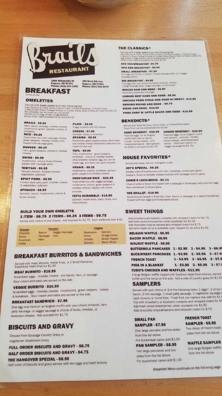 Menu at Brail's Restaurant, Eugene, 395 W 5th Ave 2506
