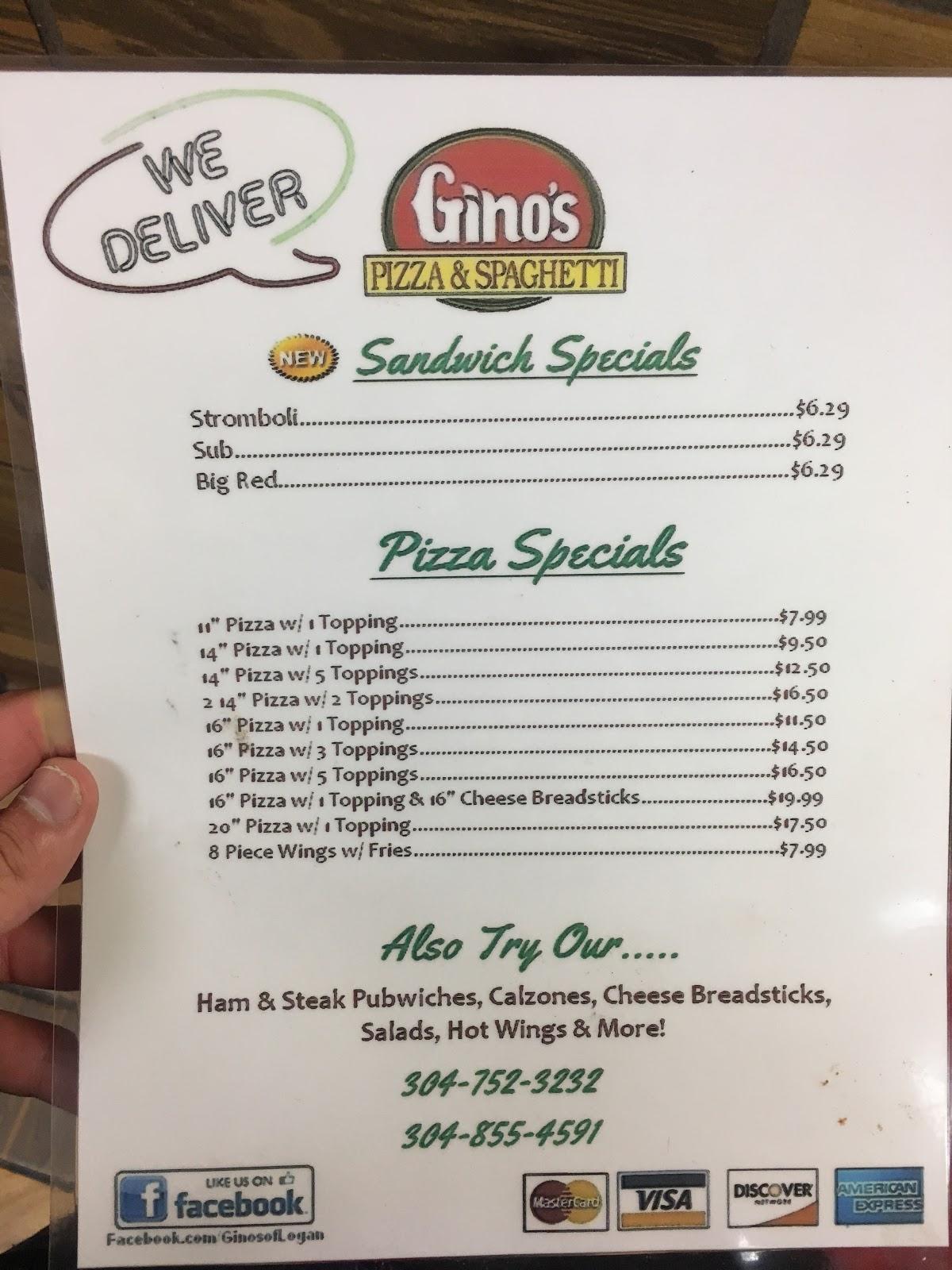 Menu at Gino's Pizza & Spaghetti House restaurant, Chapmanville