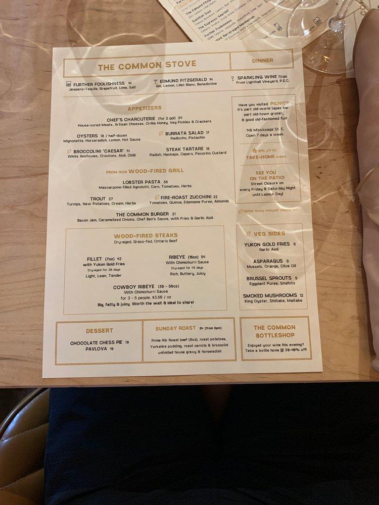 Menu at The Common Stove steakhouse, Orillia