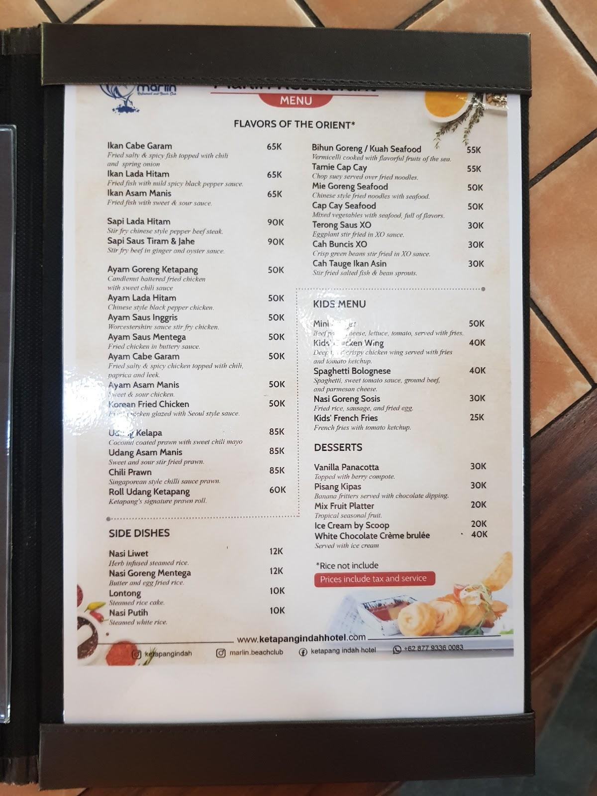Menu at Marlin Restaurant & Beach Club, Banyuwangi