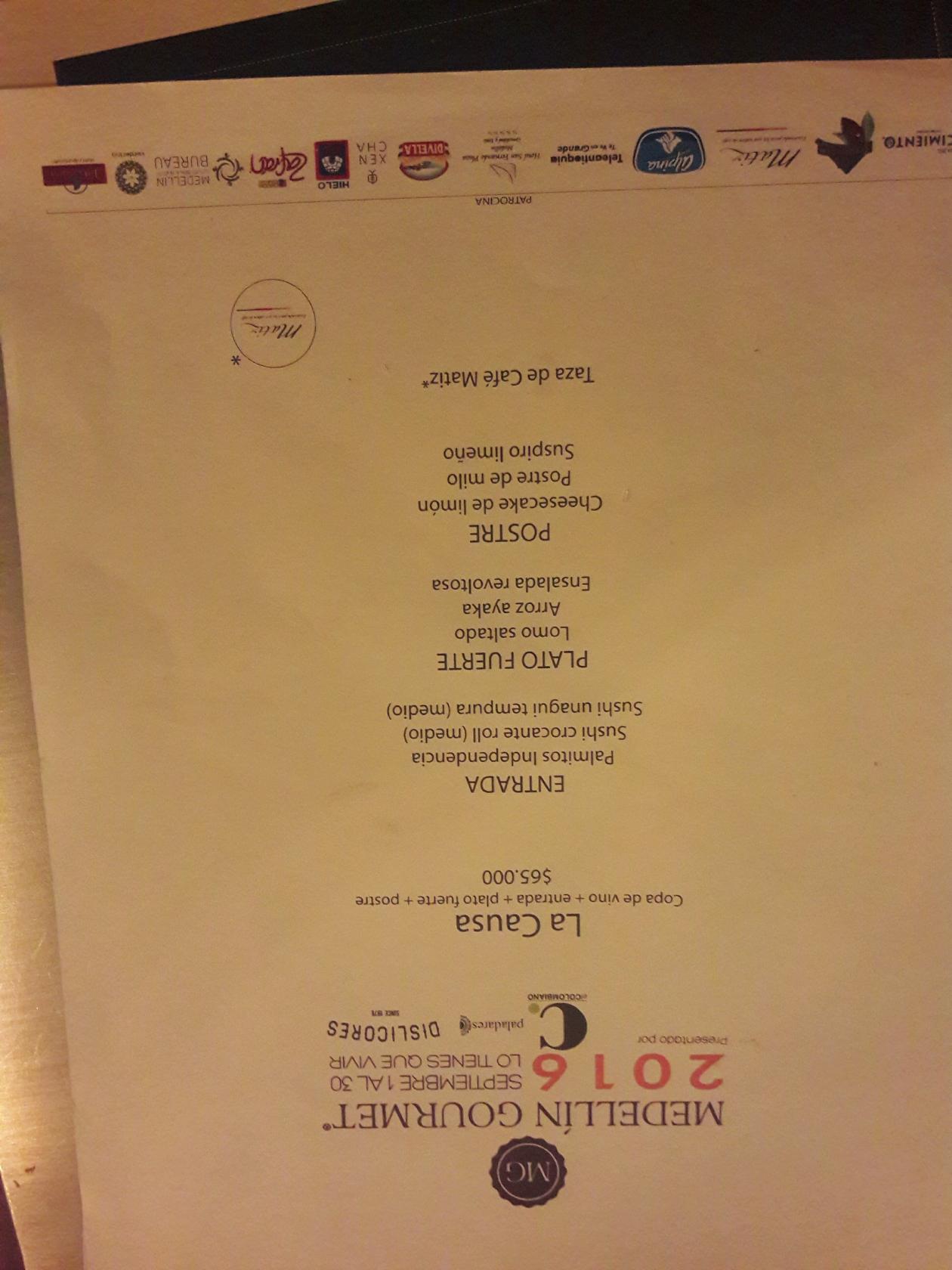 Menu at La Causa restaurant, Medellín, Cra 33 8A 41