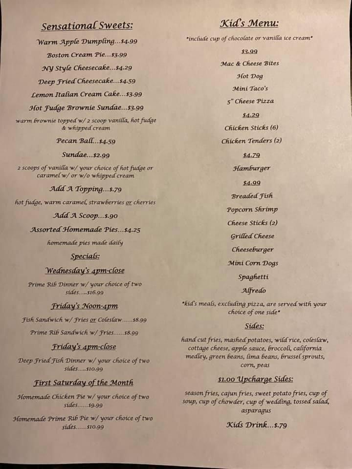 Menu at Yellow Creek Inn restaurant, Jackson Center