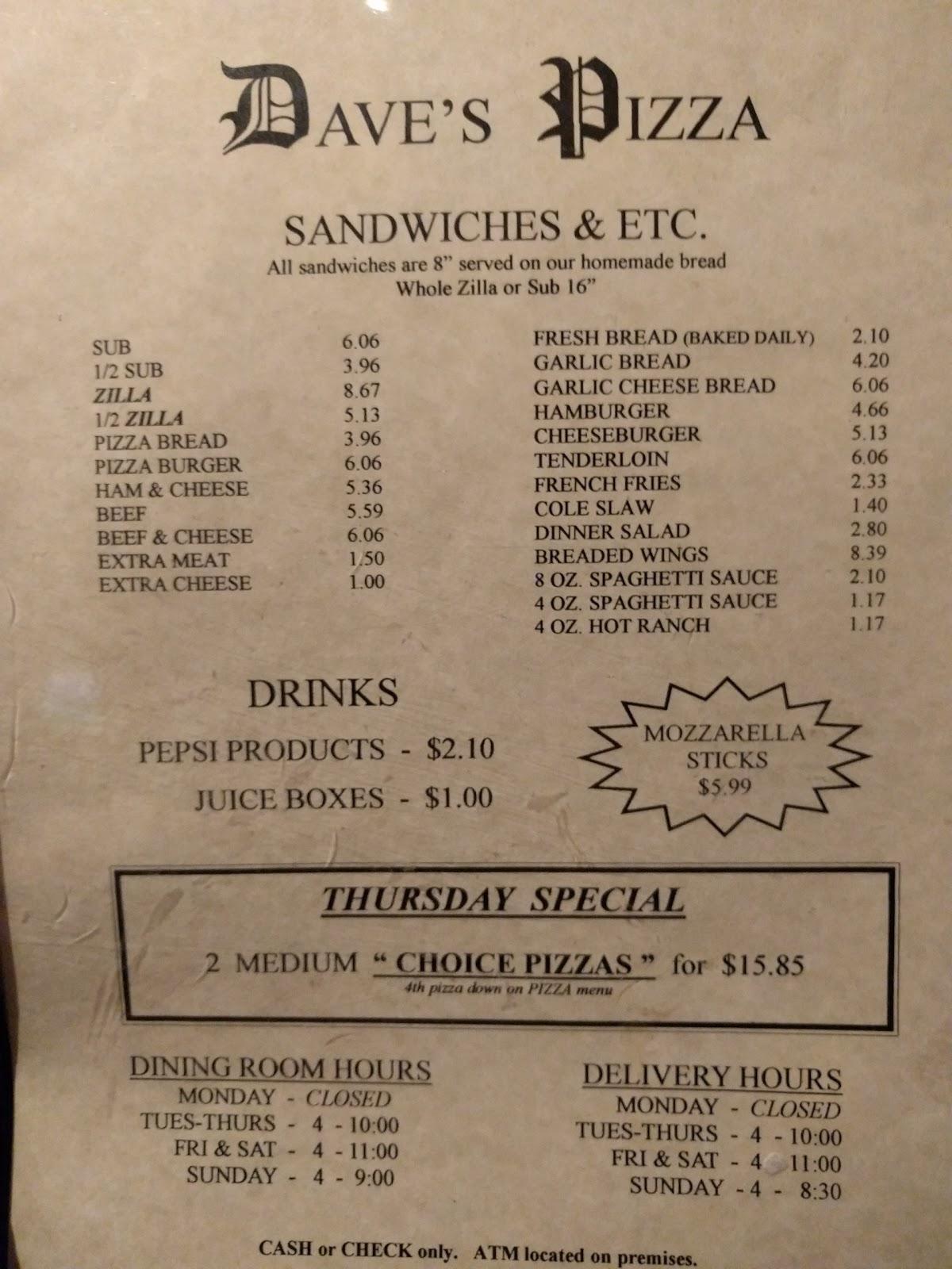Menu at Dave's Pizza pizzeria, Bartonville