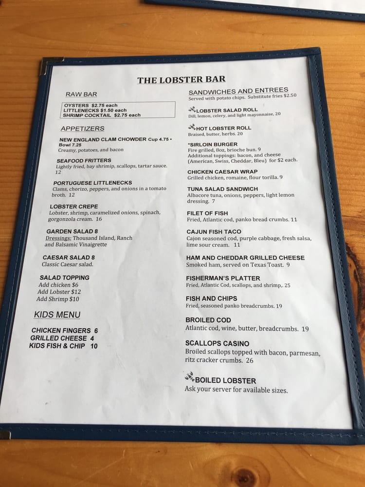 Menu at The Lobster Bar, Newport