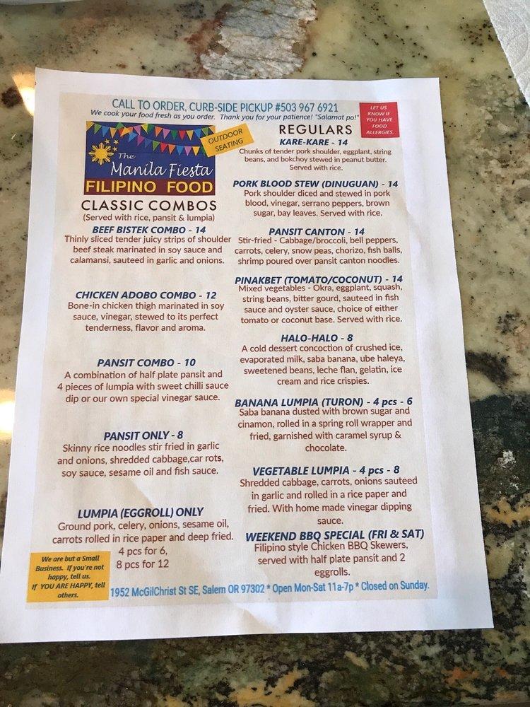 Menu at The Manila Fiesta restaurant, Salem