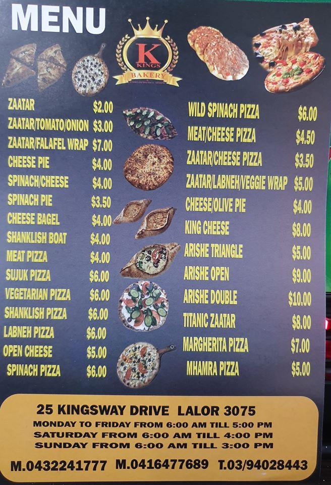 Menu at Kings Bakery, Lalor