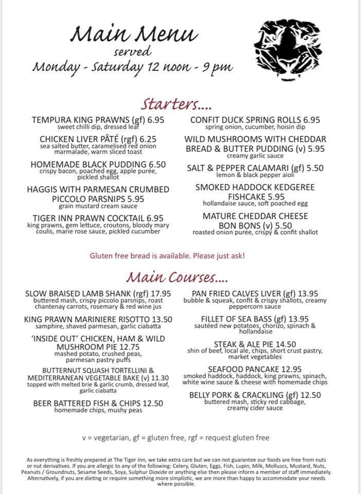 Menu at The Tiger Inn pub & bar, Knaresborough, Shortsill Lane