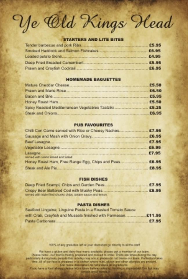 Menu at Old Kings Head pub & bar, Macclesfield, Byrons La.