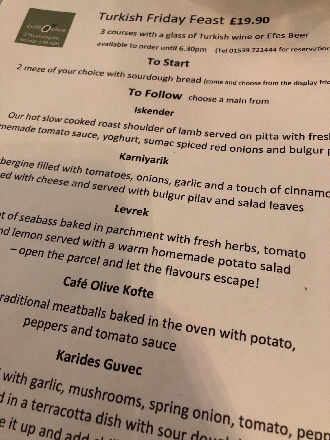 Menu at Cafe Olive, Kendal