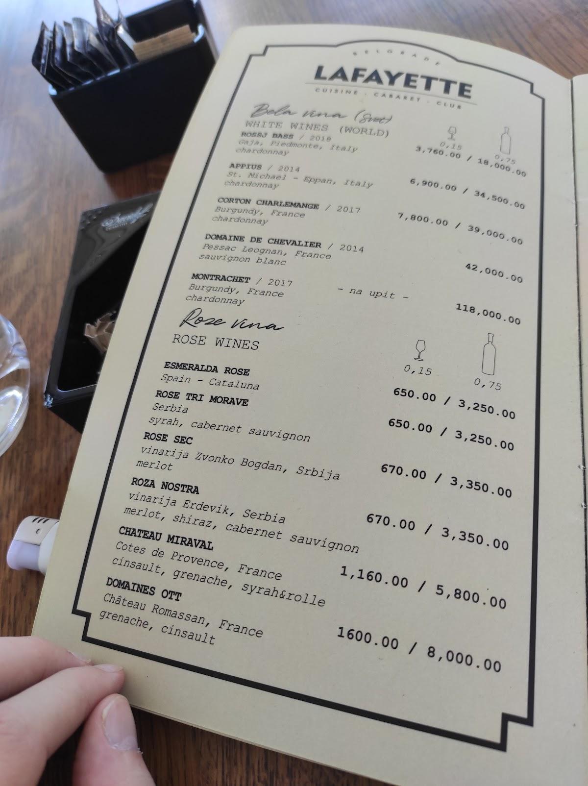 Menu at Lafayette Cuisine Cabaret Club, Belgrade