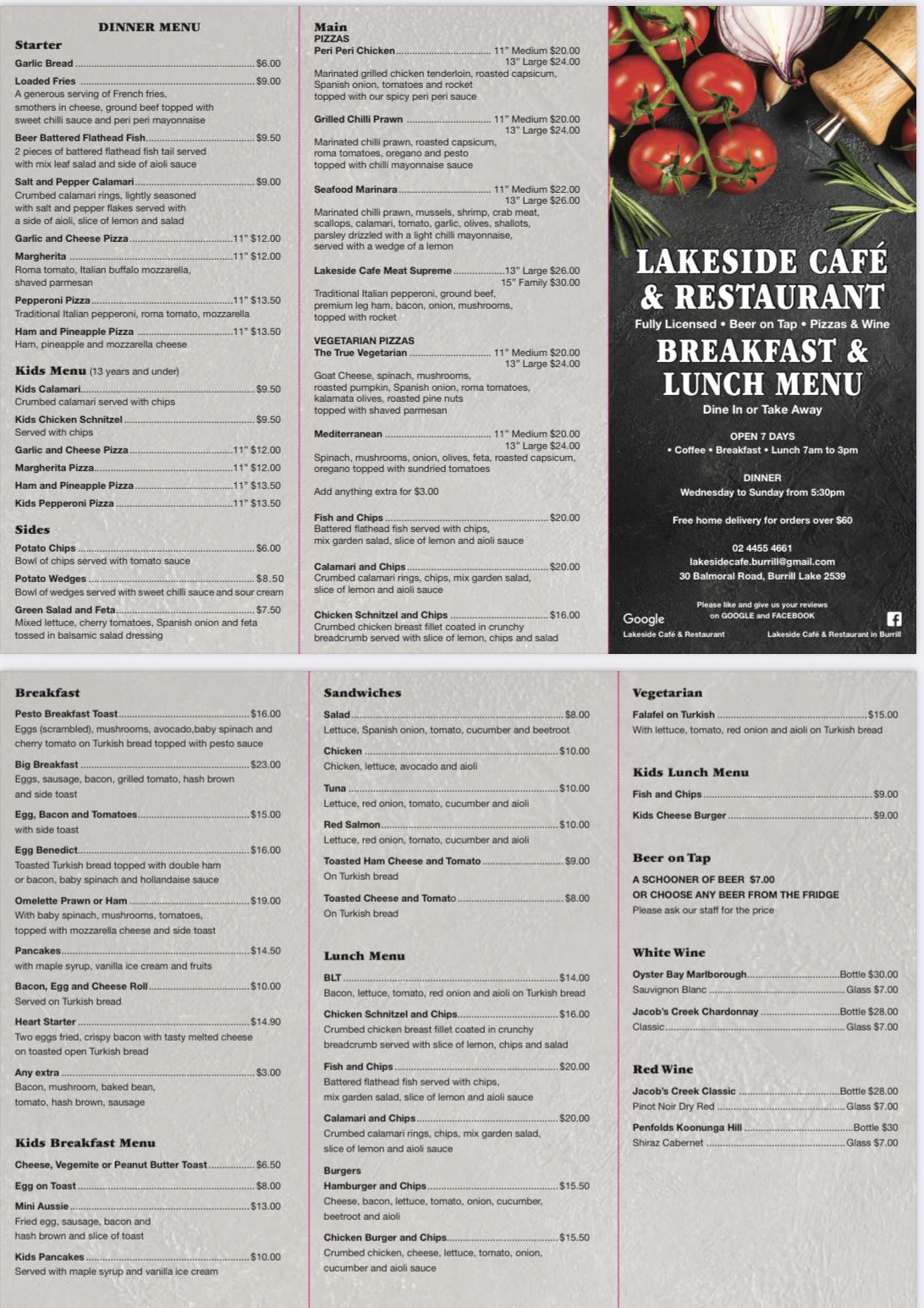 Menu At Lakeside Cafe Restaurant Burrill Burrill Lake