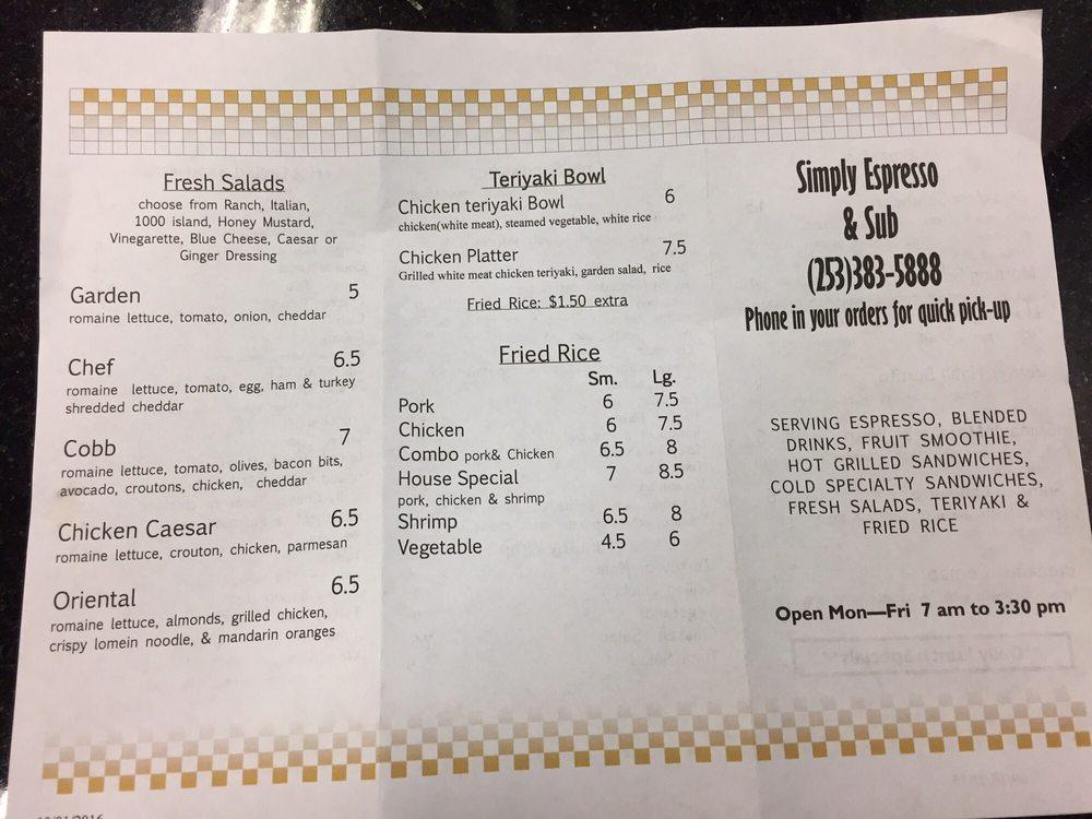 Menu at Simply Espresso and Subs, Tacoma